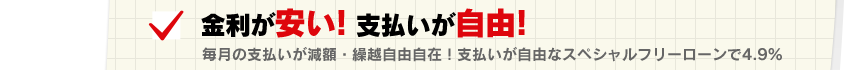 金利が安い！支払いが自由！毎月の支払いが減額・繰越自由自在！支払いが自由なスペシャルフリーローンで４．９％
