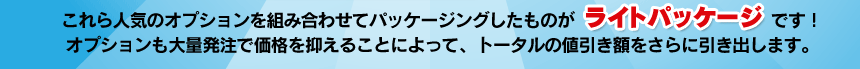 これら人気のオプションを組み合わせてパッケージしたものがライトパッケージです！オプションも大量発注で価格を抑えることによって、トータルの値引き額をさらに引き出します。