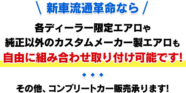 新車流通革命なら、各ディーラー限定エアロや純正以外のカスタムメーカー製エアロも自由に組み合わせ取り付け可能です！