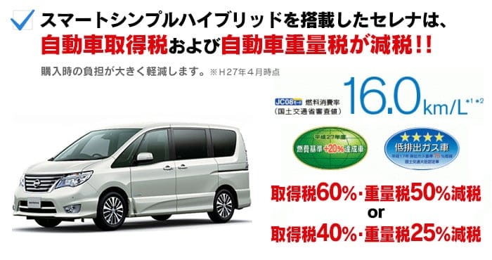 スマートシンプルハイブリッドを搭載したセレナは、自動車取得税および自動車重量税が減免税！！