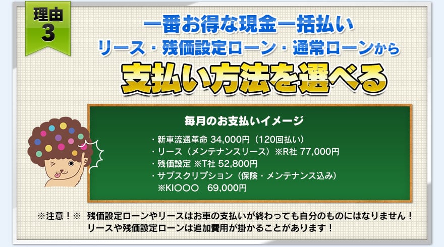 【理由３】一番お得な現金一括払い・リース・残価設定ローン・通常ローンから支払い方法を選べる